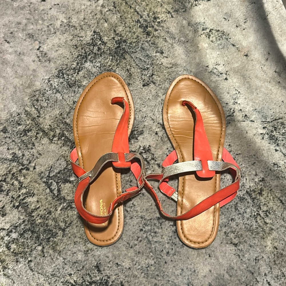 Coral and gold strappy sandals